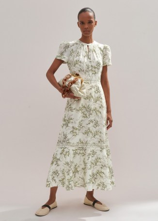ME AND EM Shadow Berry Print Maxi Dress in Light Cream/Green/Multi ~ short sleeve cream and green floral A-line dresses ~ feminine luxury fashion