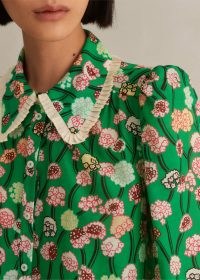 ME AND EM Silk Cotton Lantana Flower Print Shirt in Green/Pink/Multi ~ green floral puff shoulder shirts ~ feminine collared blouse