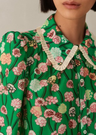 ME AND EM Silk Cotton Lantana Flower Print Shirt in Green/Pink/Multi ~ green floral puff shoulder shirts ~ feminine collared blouse - flipped