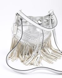 RIVER ISLAND Silver Leather Fringe Hem Shoulder Bag / shiny metallic boho bags / bohemaian fringed handbag