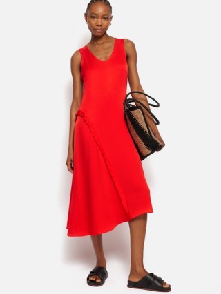 JIGSAW Sleeveless Asymmetric Dress in Red ~ sleeveless voop neck midi dresses