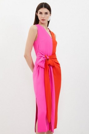 Karen Millen Textured Cotton Belted Dress – sleeveless red and pink colour block tie waist dresses - flipped