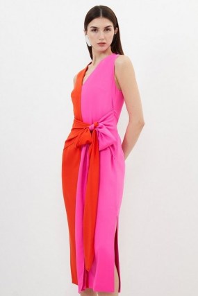 Karen Millen Textured Cotton Belted Dress – sleeveless red and pink colour block tie waist dresses