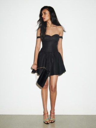 Reformation Sora Linen Dress in Black / off the shoulder fit and flare mini dresses / bardot fashion with a sweetheart neckline