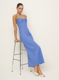 Reformation Stormi Dress in Dusk – blue sleeveless sweetheart neckline maxi column dresses – fitted ruched bust
