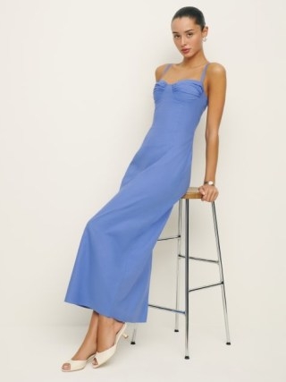 Reformation Stormi Dress in Dusk – blue sleeveless sweetheart neckline maxi column dresses – fitted ruched bust - flipped