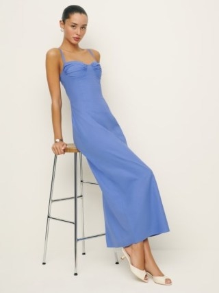 Reformation Stormi Dress in Dusk – blue sleeveless sweetheart neckline maxi column dresses – fitted ruched bust