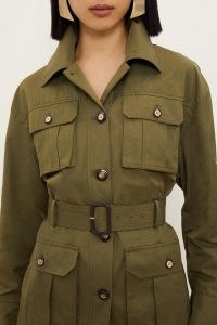 KAREN MILLEN Tailored Cargo Pocket Belted Safari Jacket in Khaki – women’s dark green utility jackets – womens cargo style clothing
