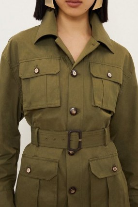 KAREN MILLEN Tailored Cargo Pocket Belted Safari Jacket in Khaki – women’s dark green utility jackets – womens cargo style clothing - flipped
