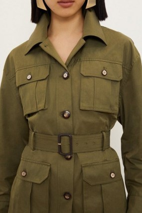 KAREN MILLEN Tailored Cargo Pocket Belted Safari Jacket in Khaki – women’s dark green utility jackets – womens cargo style clothing