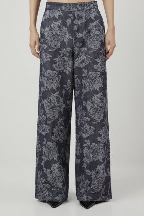 KAREN MILLEN Tailored Floral Denim Pleated Wide Leg Trousers ~ women’s printed trouser - flipped