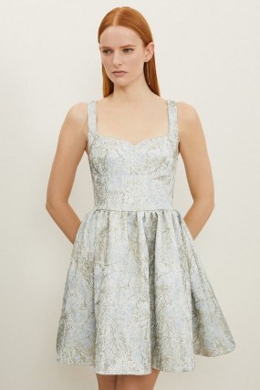 KAREN MILLEN Tailored Jacquard Strappy Mini Prom Dress in Pale Blue ~ sleeveless metallic sweetheart neckline fit and flare party dresses ~ women’s evening occasion fashion - flipped