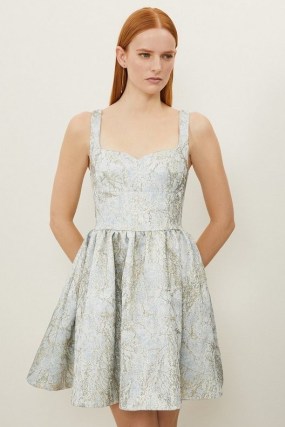 KAREN MILLEN Tailored Jacquard Strappy Mini Prom Dress in Pale Blue ~ sleeveless metallic sweetheart neckline fit and flare party dresses ~ women’s evening occasion fashion