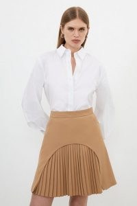 KAREN MILLEN Tailored Military Pleat Mini Skirt in Camel – brown pleated A-line skirts