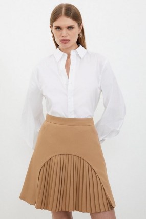 KAREN MILLEN Tailored Military Pleat Mini Skirt in Camel – brown pleated A-line skirts - flipped