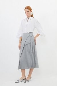 KAREN MILLEN Tailored Wool Blend Pleated Skirt in Grey Marl – asymmetric style wrap midi skirts