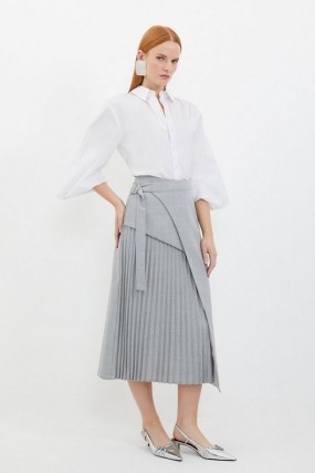 KAREN MILLEN Tailored Wool Blend Pleated Skirt in Grey Marl – asymmetric style wrap midi skirts - flipped