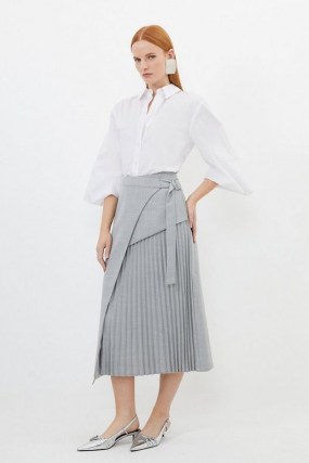KAREN MILLEN Tailored Wool Blend Pleated Skirt in Grey Marl – asymmetric style wrap midi skirts