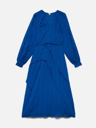 Jigsaw Textured Cotton Belted Dress in blue – balloon sleeve midi dresses - flipped