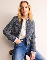 Boden Textured Interest Crop Jacket in Navy ~ blue tweed style collarless jackets ~ chic outerwear