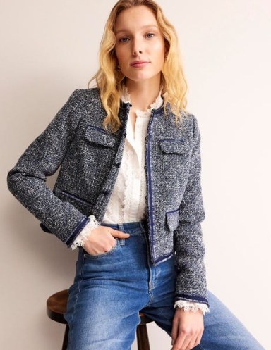 Boden Textured Interest Crop Jacket in Navy ~ blue tweed style collarless jackets ~ chic outerwear