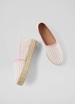 L.K. BENNETT Tiana Pink Canvas Flatform Espadrilles ~ candy spripe espadrille flats ~ women’s casual flat summer shoes that are perfect to wear with with denim - flipped