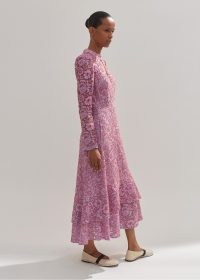 ME AND EM Two-Tone Lace Midi Dress in Lupin Lilac/Hot Coral ~ luxe long sleeve floral dresses ~ feminine fashion ~ luxury lilac clothing