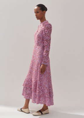 ME AND EM Two-Tone Lace Midi Dress in Lupin Lilac/Hot Coral ~ luxe long sleeve floral dresses ~ feminine fashion ~ luxury lilac clothing - flipped