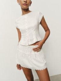 The Reformation Valetta Two Piece in White ~ lace trimmed fashion sets ~ cropped fitted tops and mini skirt co ord