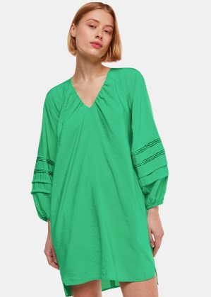 WHISTLES Grace V Neck Dress in Green – relaxed loose fit balloon sleeve summer dresses - flipped