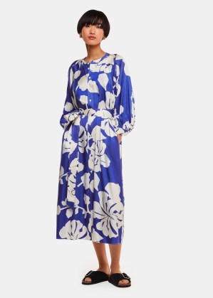 WHISTLES Hibiscus Print Mabel Dress in Blue/Multi – silky blue and white floral tie waist dresses - flipped