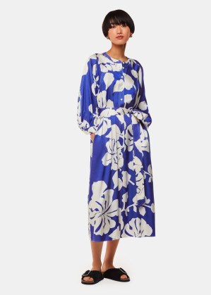WHISTLES Hibiscus Print Mabel Dress in Blue/Multi – silky blue and white floral tie waist dresses