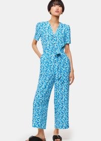 WHISTLES Hazy Coral Jumpsuit in Blue/Multi – blue short sleeve tie waist jumpsuits