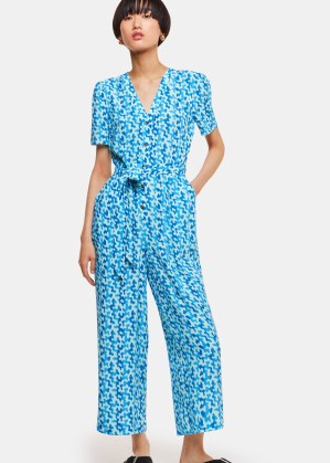 WHISTLES Hazy Coral Jumpsuit in Blue/Multi – blue short sleeve tie waist jumpsuits - flipped