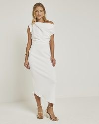 River Island White Asymmetric Bodycon Midi Dress | chic one shoulder party dresses | asymmetrical evening fashion