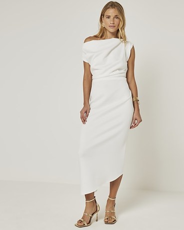River Island White Asymmetric Bodycon Midi Dress | chic one shoulder party dresses | asymmetrical evening fashion - flipped