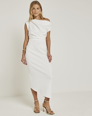River Island White Asymmetric Bodycon Midi Dress | chic one shoulder party dresses | asymmetrical evening fashion
