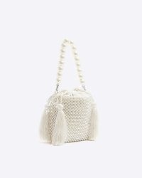 River Island White Beaded Bucket Shoulder Bag | embellished drawsting fashion bags