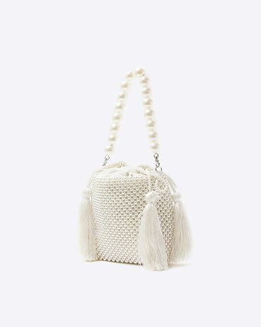 River Island White Beaded Bucket Shoulder Bag | embellished drawsting fashion bags - flipped