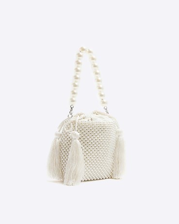 River Island White Beaded Bucket Shoulder Bag | embellished drawsting fashion bags