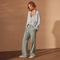 JAMES PERSE WIDE LEG PULL ON DENIM PANT BLEACH WASH | women’s utility trouser with drawcord waist | womens relaxed fit jeans | casual drawstring trousers