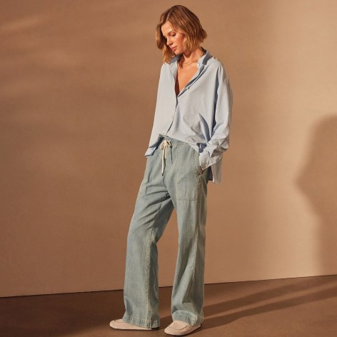 JAMES PERSE WIDE LEG PULL ON DENIM PANT BLEACH WASH | women’s utility trouser with drawcord waist | womens relaxed fit jeans | casual drawstring trousers