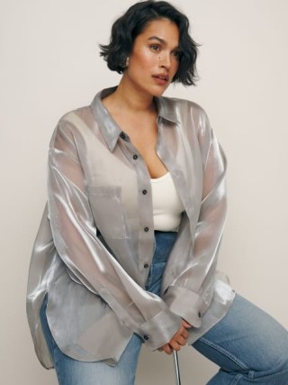 Reformation Will Oversized Sheer Shirt Es Silver – women’s luxe plus size shirts - flipped