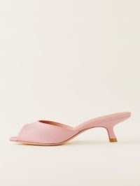 Reformation Winnie Peep Toe Heeled Mule in Seashell Satin – pink kitten heel mules – luxe shoes
