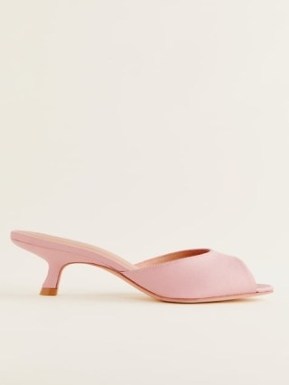 Reformation Winnie Peep Toe Heeled Mule in Seashell Satin – pink kitten heel mules – luxe shoes - flipped