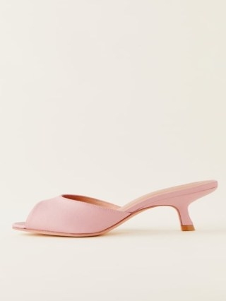 Reformation Winnie Peep Toe Heeled Mule in Seashell Satin – pink kitten heel mules – luxe shoes