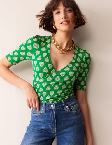 Boden Wrap Front Jersey Top in Green Tambourine, Flora Stamp ~ short sleeve fitted tops - flipped