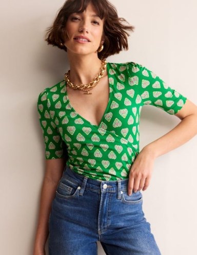 Boden Wrap Front Jersey Top in Green Tambourine, Flora Stamp ~ short sleeve fitted tops