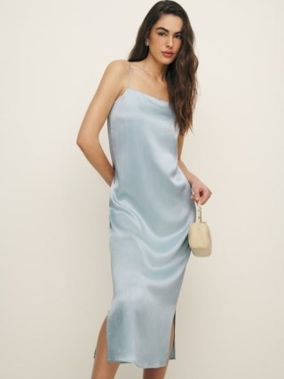 Reformation Yoshe Dress in Mineral Crinkle ~ light blue crinkled satin slip dresses – luxe strappy fashion - flipped