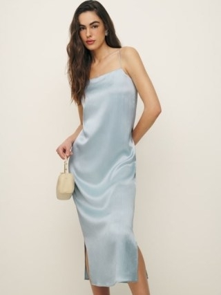 Reformation Yoshe Dress in Mineral Crinkle ~ light blue crinkled satin slip dresses – luxe strappy fashion